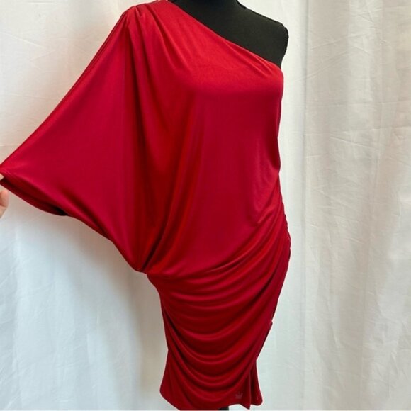 Le Chateau red one shoulder draped ruched web sleeve mini cocktail dress M - Picture 5 of 15